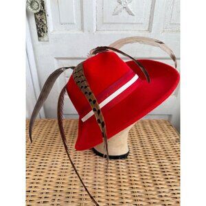 Vintage 60's Red Felt Wool Hat Statement With Feathers Mr Henri Size 22.5